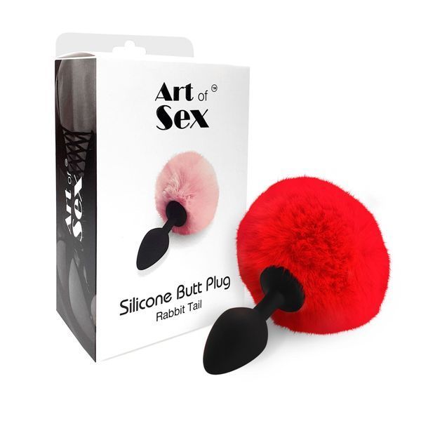 Силіконова анальна пробка М Art of Sex - Silicone Butt plug Rabbit Tail Red, діаметр 3,5 см SO6964 фото