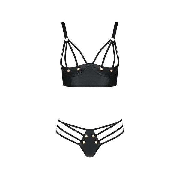 Комплект з екошкіри з люверсами та ремінцями Passion MALWIA BIKINI L/XL, black, бра та трусики SO5762 фото