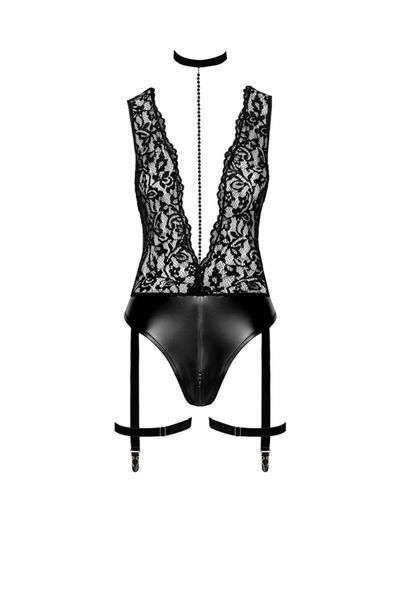 Боді Noir Handmade F297 Libido, 3XL, чорне, мереживо, низ під латекс, відкритий доступ, гартери SX0224 фото