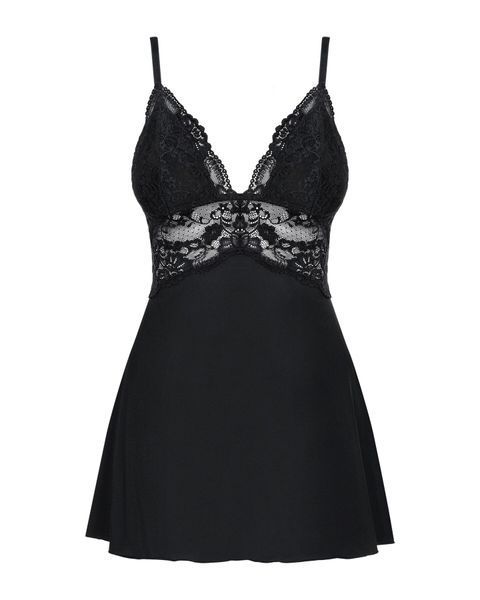 Сатиновий пеньюар з мереживом Obsessive 810-BAB-1 babydoll & thong L/XL, чорний, пеньюар, танга SO7153 фото