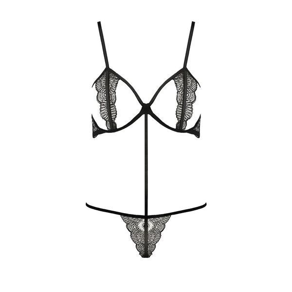 Комплект білизни Passion Exclusive QUENTRIS BIKINI L/XL, black, стрінги і напіввідкритий ліф PS26601 фото