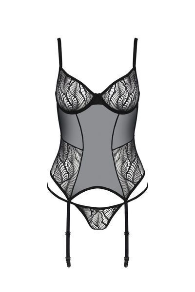 Корсет Passion LEAFA CORSET black L/XL, м'які чашки, затискачі для панчіх, стрінги в комплекті SX0503 фото