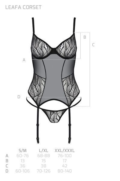 Корсет Passion LEAFA CORSET black L/XL, м'які чашки, затискачі для панчіх, стрінги в комплекті SX0503 фото