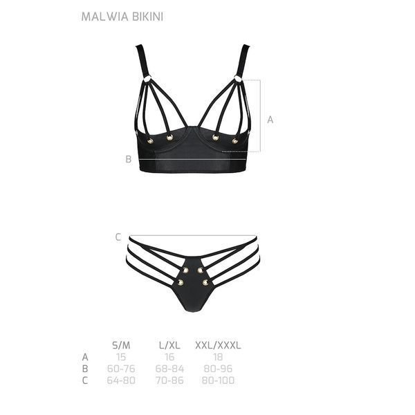 Комплект з екошкіри з люверсами та ремінцями Passion MALWIA BIKINI XXL/XXXL, black, бра та трусики SO5764 фото