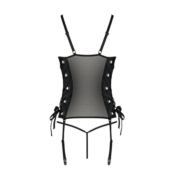 Сітчастий корсет з люверсами та знімними пажами Passion MALWIA CORSET L/XL black, екошкіра, стрінги SO5765 фото