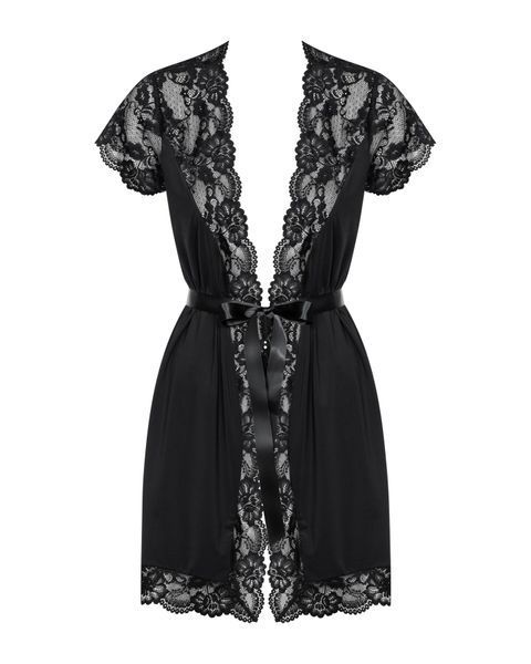 Сатиновий відкритий пеньюар на поясі Obsessive 810-PEI&ndash;1 peignoir black S/M, чорний SO7160 фото