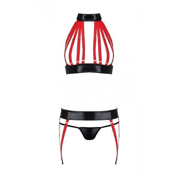 Комплект жіночої білизни з ремінців Passion AZIZA S/M, red, бюстгальтер, пояс, стринги SO7639 фото