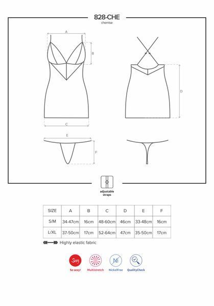 Сатиновий комплект для сну з мереживом Obsessive 828-CHE-1 chemise & thong L/XL, чорний, сорочка SO7172 фото