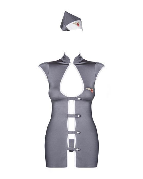 Еротичний костюм стюардеси Obsessive Stewardess 3 pcs grey S/M, сірий, сукня, стрінги, пілотка SO7308 фото