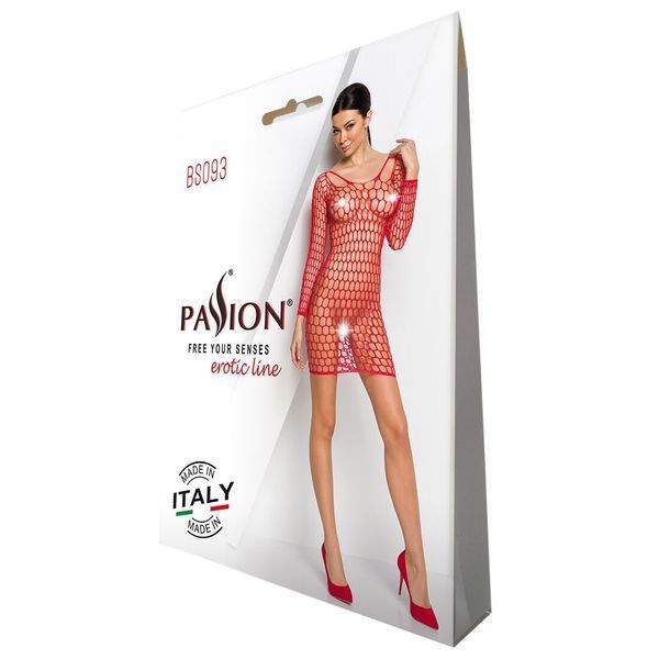 Бодістокінг-сукня з глибоким коміром Passion BS093 red, довгі рукави SO6398 фото