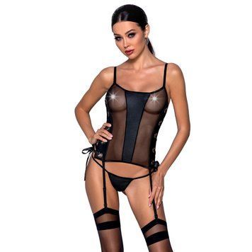 Сітчастий корсет з люверсами і знімними пажами Passion MALWIA CORSET 2XL/3XL black екошкіра, стрінги SO5767 фото
