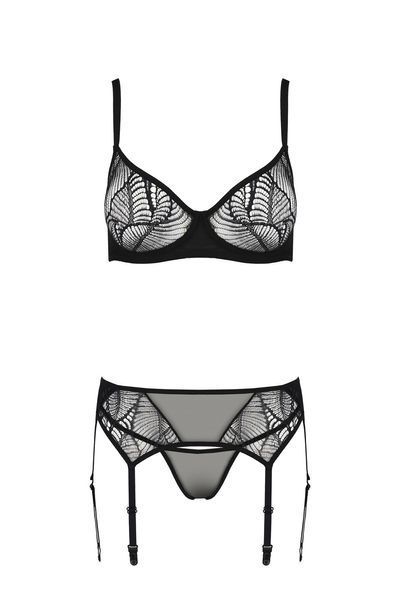 Комплект Passion LEAFA SET black, L/XL, мереживо+сітка, бюстгальтер на кісточках, стрінги, пояс для панчіх SX0509 фото
