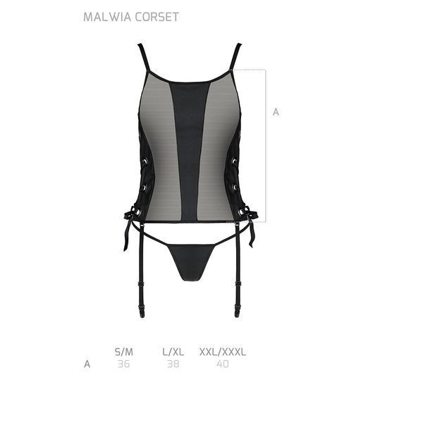 Сітчастий корсет з люверсами і знімними пажами Passion MALWIA CORSET 2XL/3XL black екошкіра, стрінги SO5767 фото