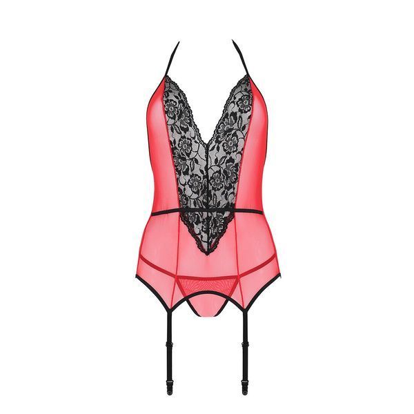 Корсет з пажами для панчіх Passion PEONIA CORSET L/XL red, стрінги SO8463 фото