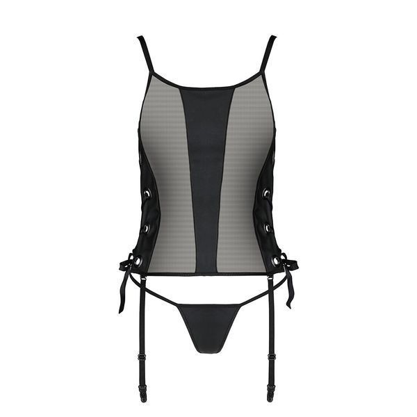 Сітчастий корсет з люверсами і знімними пажами Passion MALWIA CORSET 2XL/3XL black екошкіра, стрінги SO5767 фото