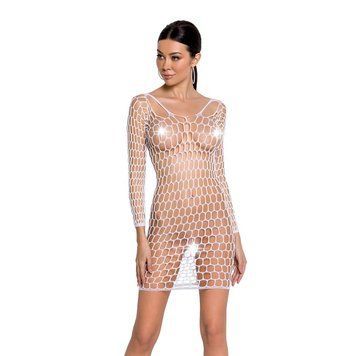 Бодістокінг-сукня з глибоким коміром Passion BS093 white, довгі рукави SO6399 фото