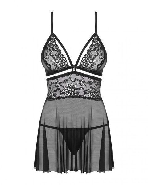 Еротичний мереживний комплект із сіточкою Obsessive 838-BAB-1babydoll & thong black S/M SO7181 фото