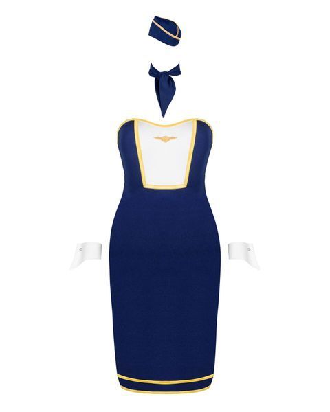 Еротичний костюм стюардеси Obsessive Stewardess uniform XS/S, blue, сукня, пілотка, шарф, манжети SO7729 фото