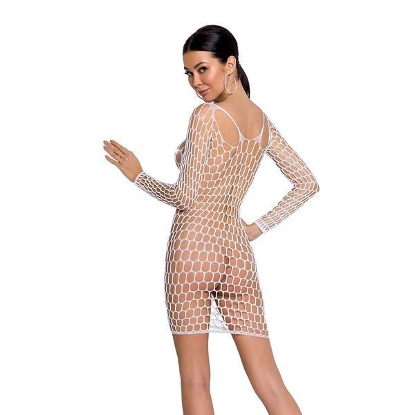 Бодістокінг-сукня з глибоким коміром Passion BS093 white, довгі рукави SO6399 фото