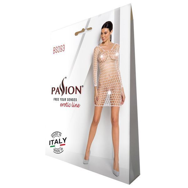 Бодістокінг-сукня з глибоким коміром Passion BS093 white, довгі рукави SO6399 фото
