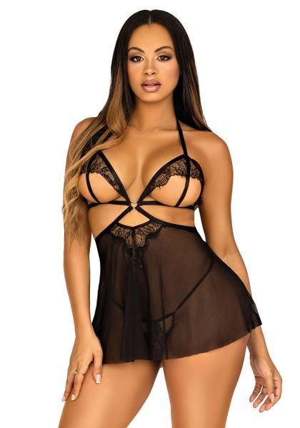 Сорочка бебі-дол з відкритими чашками Leg Avenue Lace and mesh babydoll & panty Black S, стрінги SO9163 фото