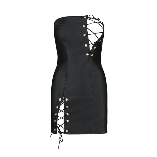 Мінісукня з екошкіри Passion CELINE CHEMISE L/XL, black, шнурівка, трусики в комплекті SO6406 фото