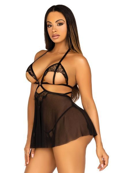 Сорочка бебі-дол з відкритими чашками Leg Avenue Lace and mesh babydoll & panty Black M, стрінги SO9164 фото