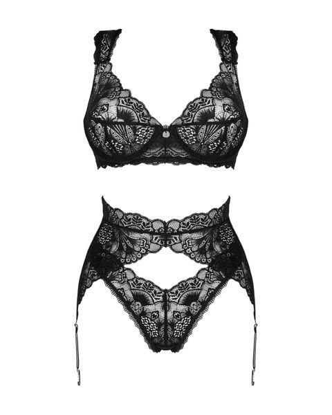 Комплект білизни Obsessive Donna Dream 3-pcs set XL/2XL Black, бюстгальтер, стрінги, пояс для панчіх SO8638 фото