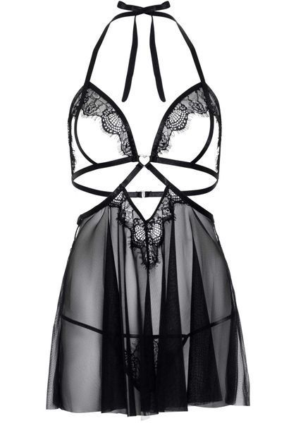Сорочка бебі-дол з відкритими чашками Leg Avenue Lace and mesh babydoll & panty Black L, стринги SO9165 фото