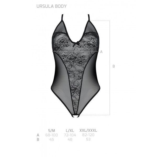 Боді з ажурним декором та відкритим кроком Passion URSULA BODY XXL/XXXL, black SO5831 фото