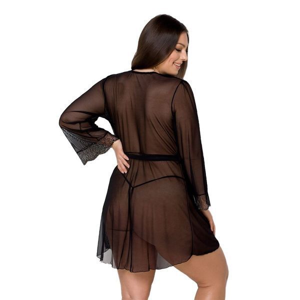 Пеньюар Passion AMBERLY PEIGNOIR 4XL/5XL, black, ажурні декольте та манжети, широкі рукави SO7053 фото